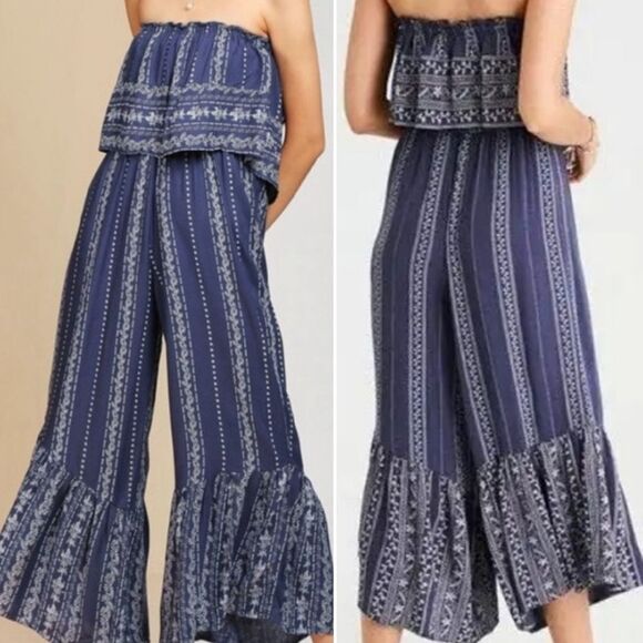 Japna Pants - Japna Blue Striped Strapless Ruffle Top Boho Crop Flare Jumpsuit Large